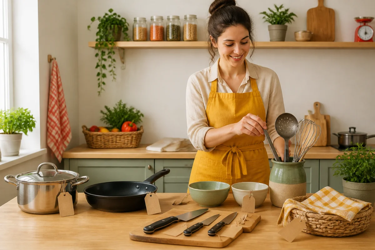 Cuisine fonctionnelle et abordable pour apprendre à cuisiner facilement, avec ustensiles essentiels et personne en tablier jaune