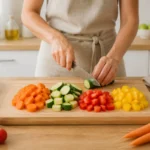 Mains découpant des légumes frais sur une planche, illustrant comment apprendre à cuisiner facilement au quotidien
