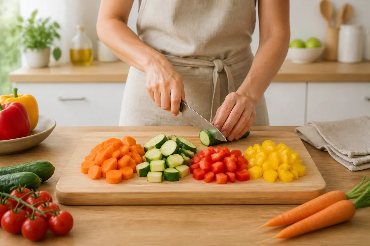 Mains découpant des légumes frais sur une planche, illustrant comment apprendre à cuisiner facilement au quotidien