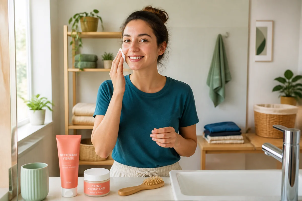 Adulte souriant réalisant une routine de soin devant un miroir, avec nettoyant visage, crème hydratante et brosse à cheveux.
