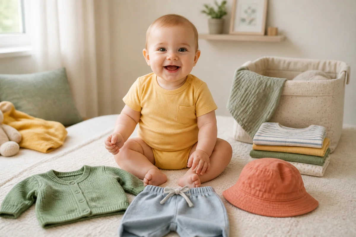Bébé souriant en tenue légère entouré de vêtements essentiels pour bien choisir les vêtements de bébé