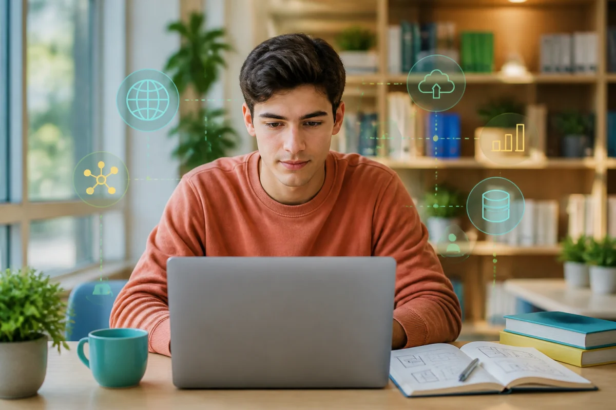 Jeune adulte étudie la technologie avec un ordinateur portable et un carnet, dans une bibliothèque lumineuse.