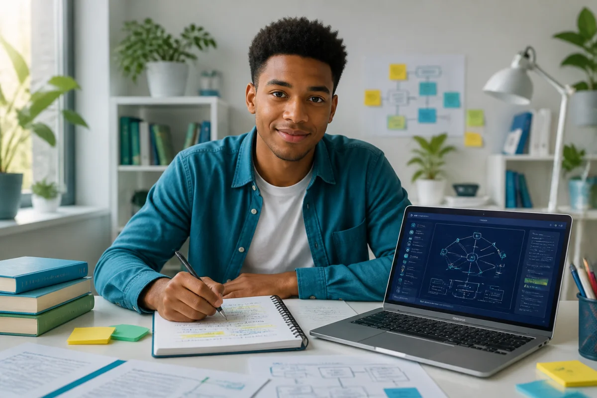 Étudiant prenant des notes sur la technologie devant un ordinateur portable, avec cahier ouvert et schémas technologiques