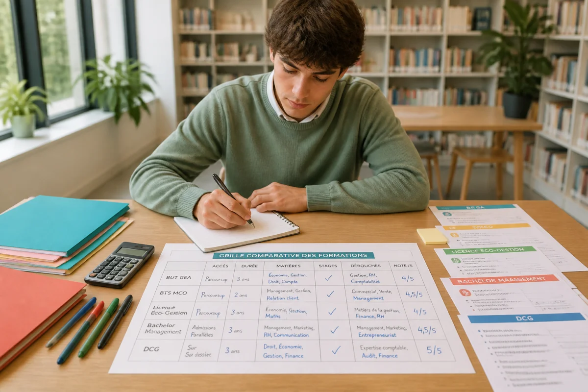 Étudiant comparant des formations scolaires avec une grille d’évaluation pour choisir son orientation scolaire méthodiquement.