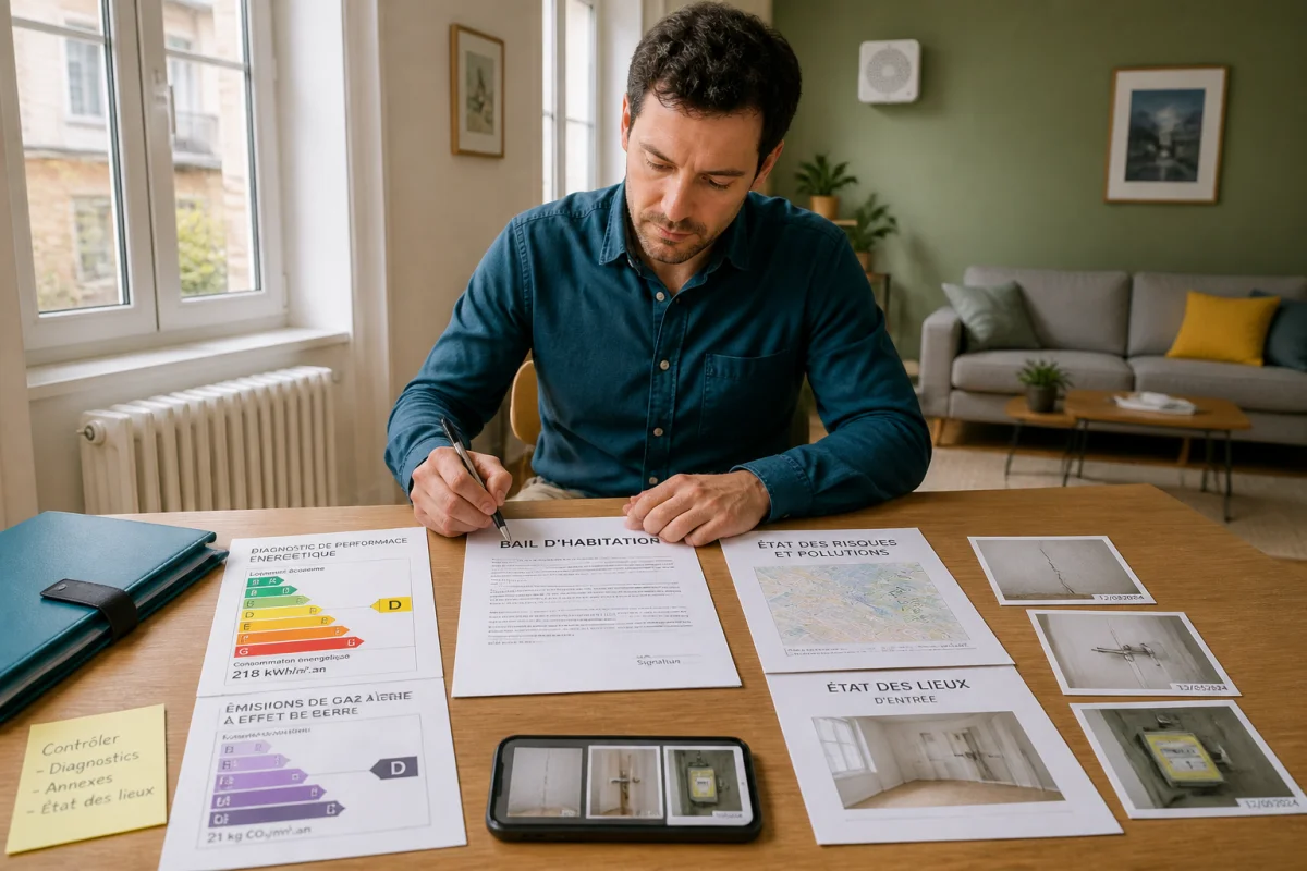 Personne examinant un bail immobilier et ses annexes, avec diagnostics énergétiques et état des lieux avant signature.