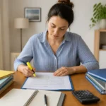 Locataire relisant attentivement un bail immobilier, surligneur en main, documents administratifs et notes organisés sur une table lumineuse
