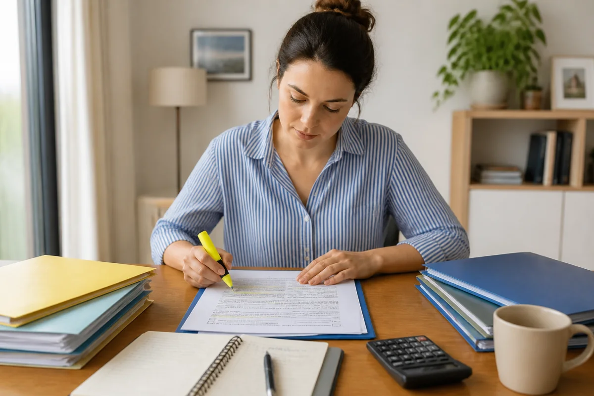 Locataire relisant attentivement un bail immobilier, surligneur en main, documents administratifs et notes organisés sur une table lumineuse