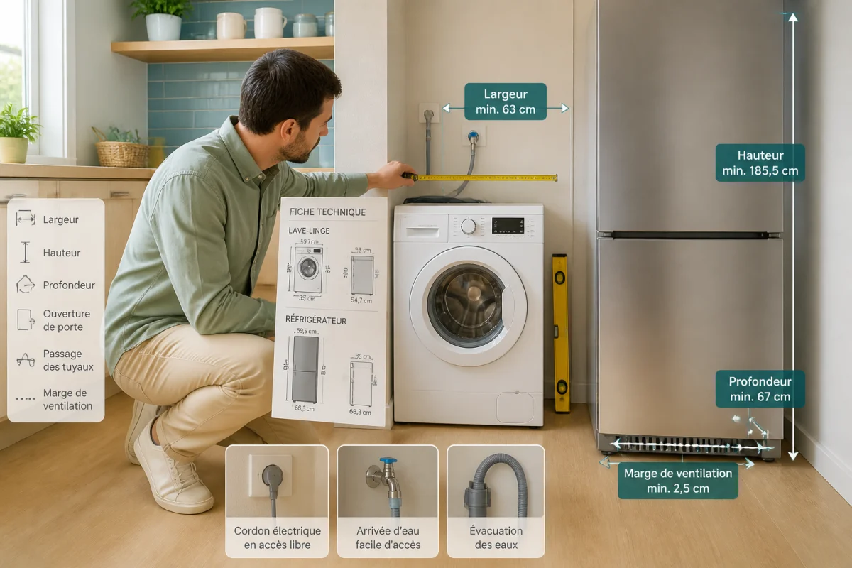 Personne comparant une fiche technique électroménager et mesurant les dimensions d’un lave-linge et d’un réfrigérateur.