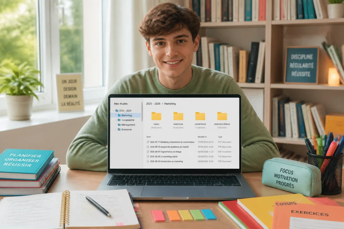 Étudiant organisant ses notes de cours efficacement dans des dossiers numériques triés sur un ordinateur portable en bibliothèque