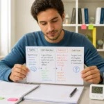 Étudiant structurant ses notes de cours efficacement sur une fiche de révision colorée, dans un bureau lumineux