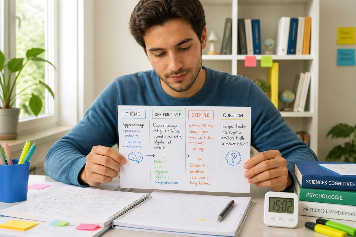 Étudiant structurant ses notes de cours efficacement sur une fiche de révision colorée, dans un bureau lumineux