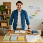 Personne souriante structurant son parcours professionnel avec fiches, carnet et plan d’action dans un espace de travail lumineux Cool Training