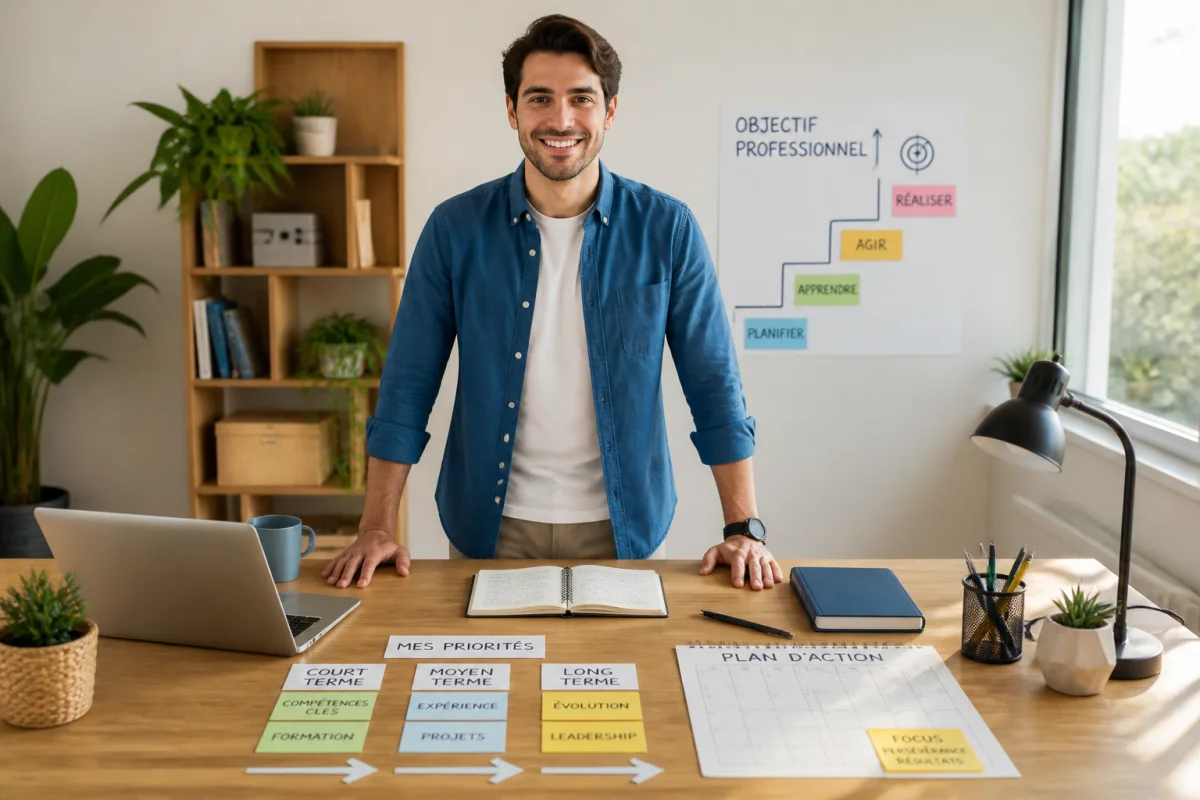 Personne souriante structurant son parcours professionnel avec fiches, carnet et plan d’action dans un espace de travail lumineux Cool Training