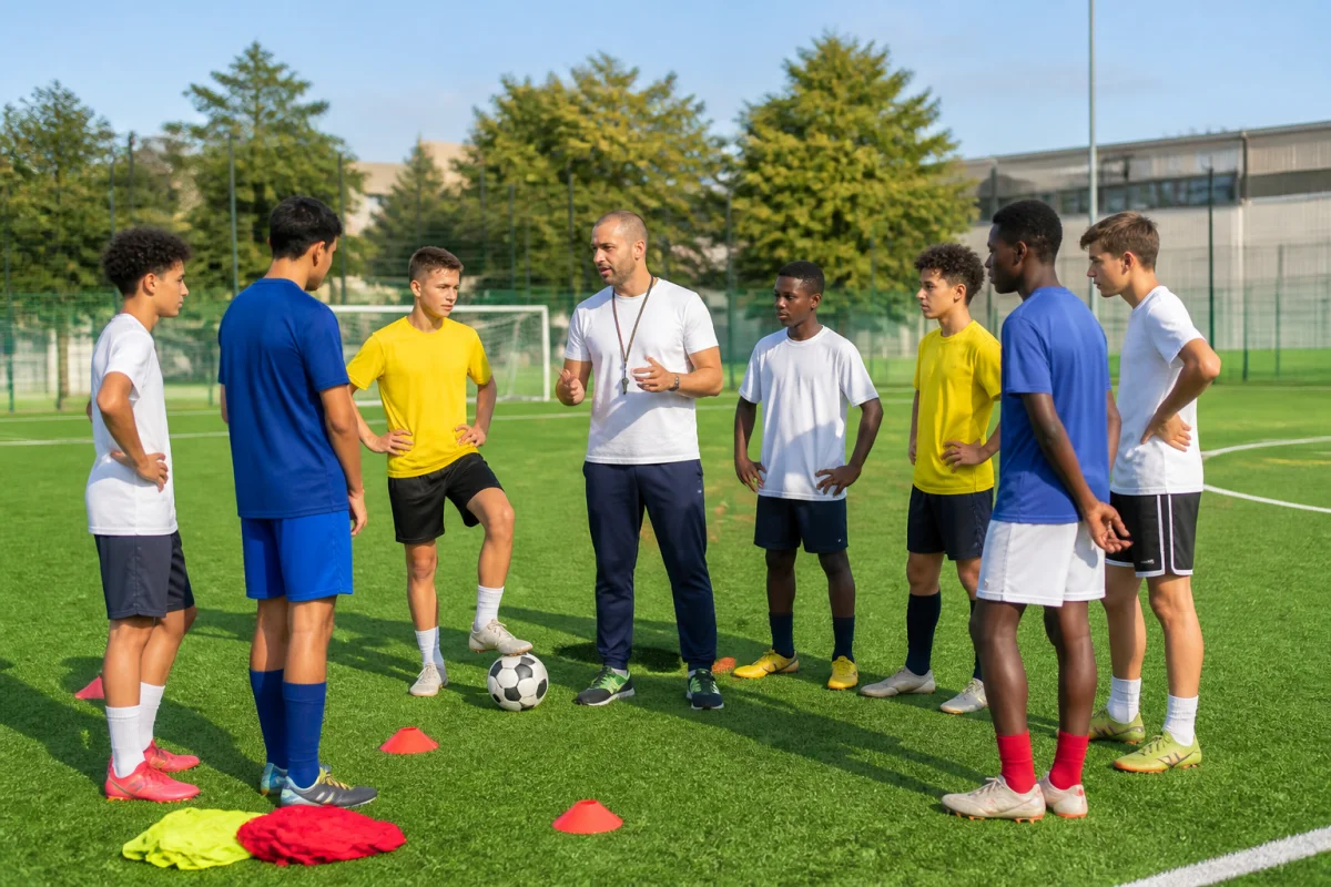 Élèves du collège Dunant à Meaux réunis autour d’un ballon avec leur éducateur sur un terrain de football scolaire