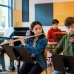 Collégiens de Dunant réunis en classe CHAM, jouant de la flûte, du violon et du piano dans une salle lumineuse