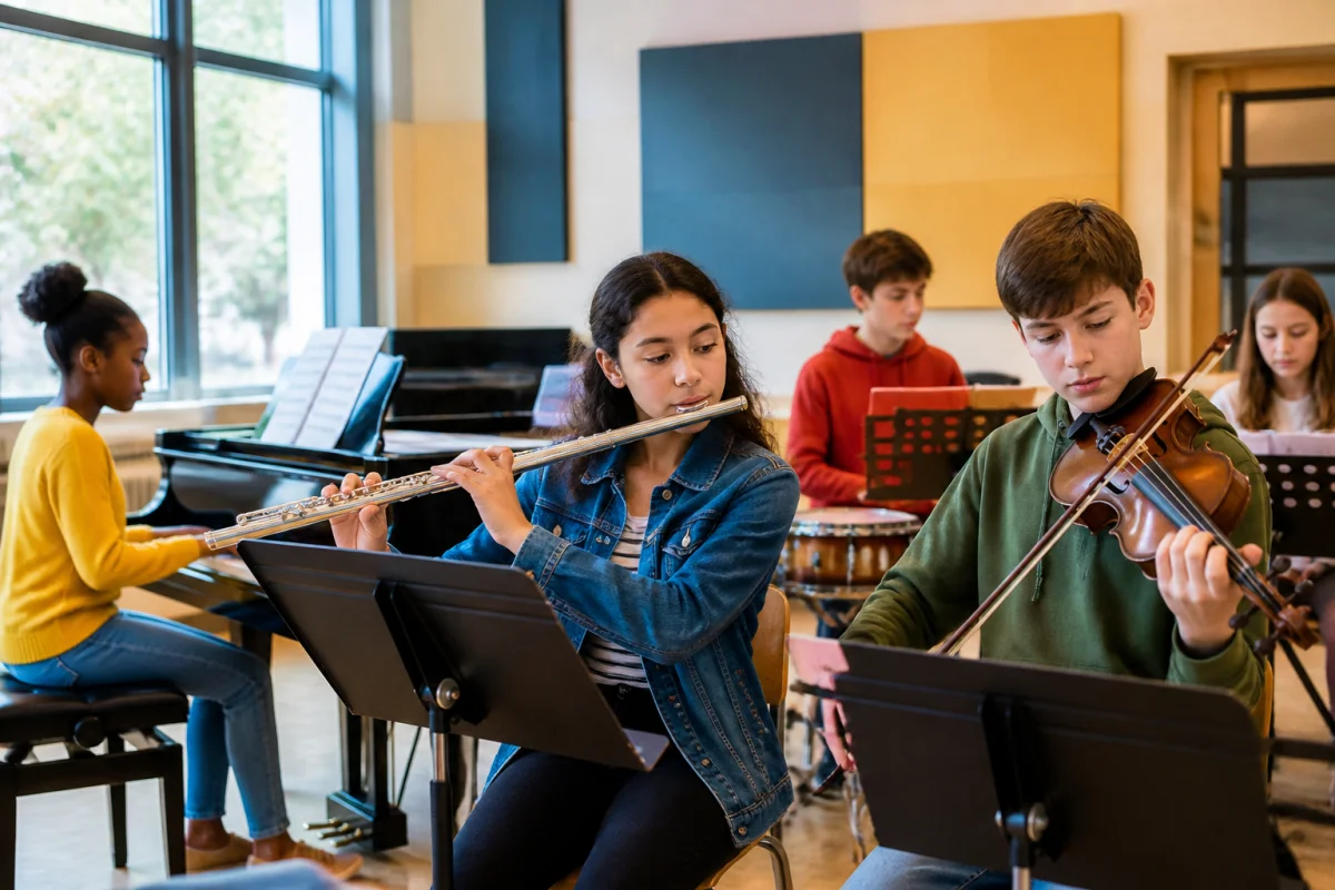 Collégiens de Dunant réunis en classe CHAM, jouant de la flûte, du violon et du piano dans une salle lumineuse