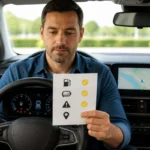 Conducteur vérifiant méthodiquement quatre étapes avant un trajet, entre contrôles du véhicule et préparation de l’itinéraire