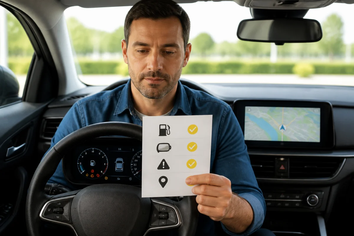 Conducteur vérifiant méthodiquement quatre étapes avant un trajet, entre contrôles du véhicule et préparation de l’itinéraire