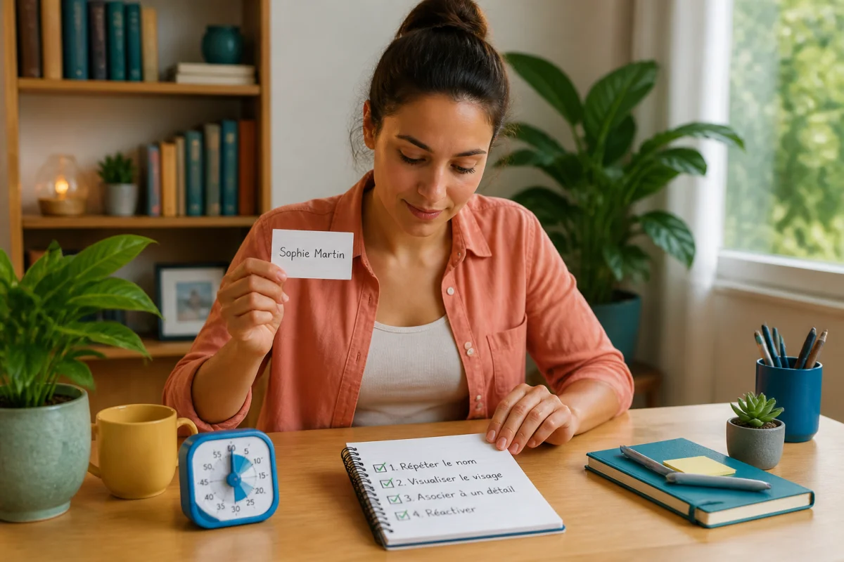 Personne concentrée entretenant sa mémoire au quotidien avec cartes de rappel, carnet de suivi et horloge de cinq minutes