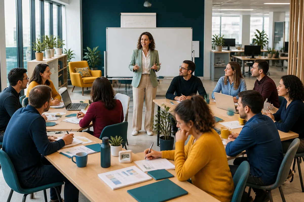 Formation en entreprise avec formatrice et collaborateurs réalisant des exercices pratiques en équipe dans une salle moderne