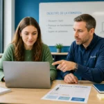 Salariée en formation en entreprise sur ordinateur, accompagnée par un formateur dans une salle moderne et collaborative