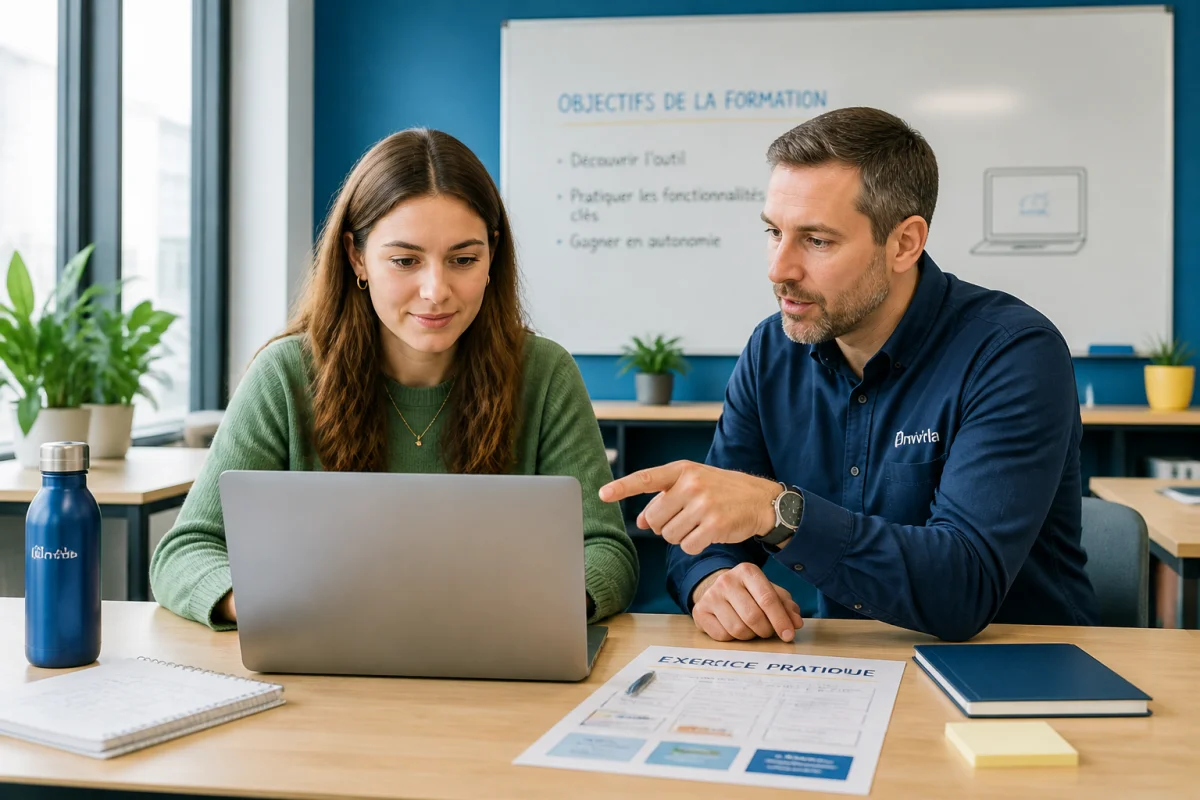 Salariée en formation en entreprise sur ordinateur, accompagnée par un formateur dans une salle moderne et collaborative