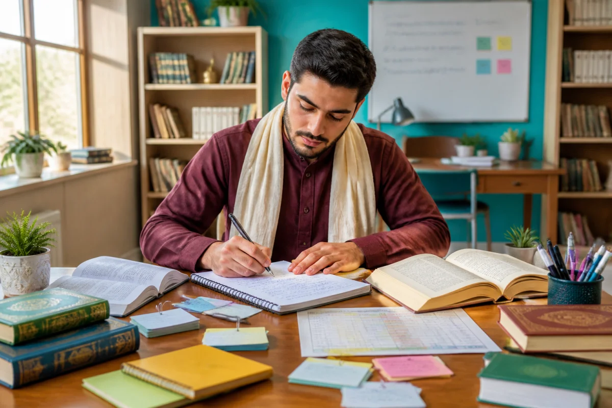 Étudiant adulte apprenant l’arabe et les sciences islamiques à l’Institut Ibn Malik, entouré de supports pédagogiques