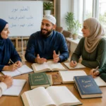 Institut Ibn Malik : apprenants échangeant autour de livres d’arabe et de sciences islamiques dans une salle lumineuse