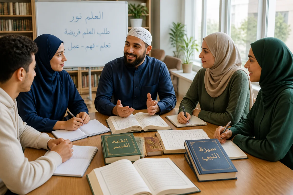 Institut Ibn Malik : apprenants échangeant autour de livres d’arabe et de sciences islamiques dans une salle lumineuse