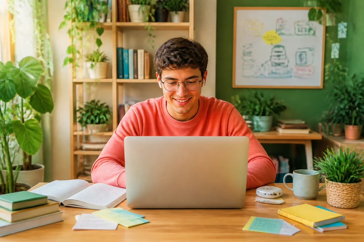 Jeune adulte souriant utilisant Lernvid sur un ordinateur portable, dans un espace d’étude lumineux avec ressources éducatives variées