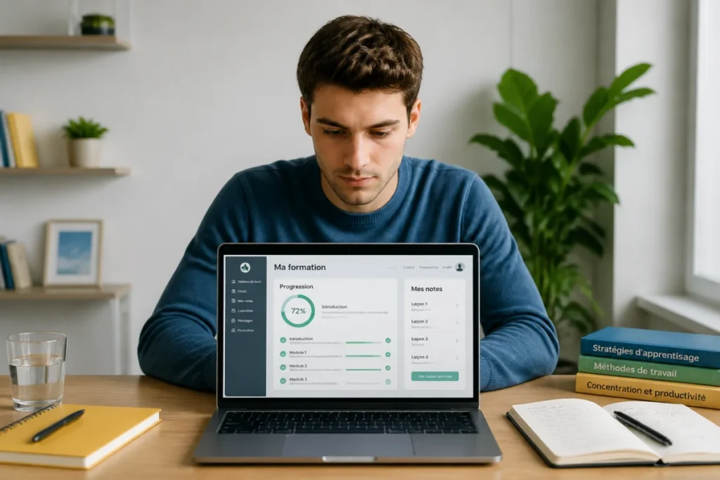 Étudiant concentré utilisant Lernvid sur ordinateur portable dans un espace de travail lumineux et organisé