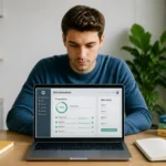 Étudiant concentré utilisant Lernvid sur ordinateur portable dans un espace de travail lumineux et organisé
