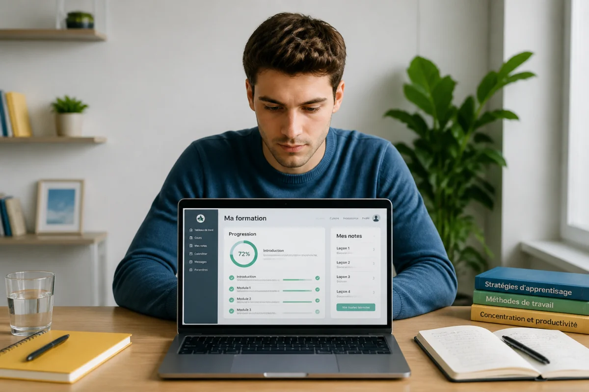 Étudiant concentré utilisant Lernvid sur ordinateur portable dans un espace de travail lumineux et organisé