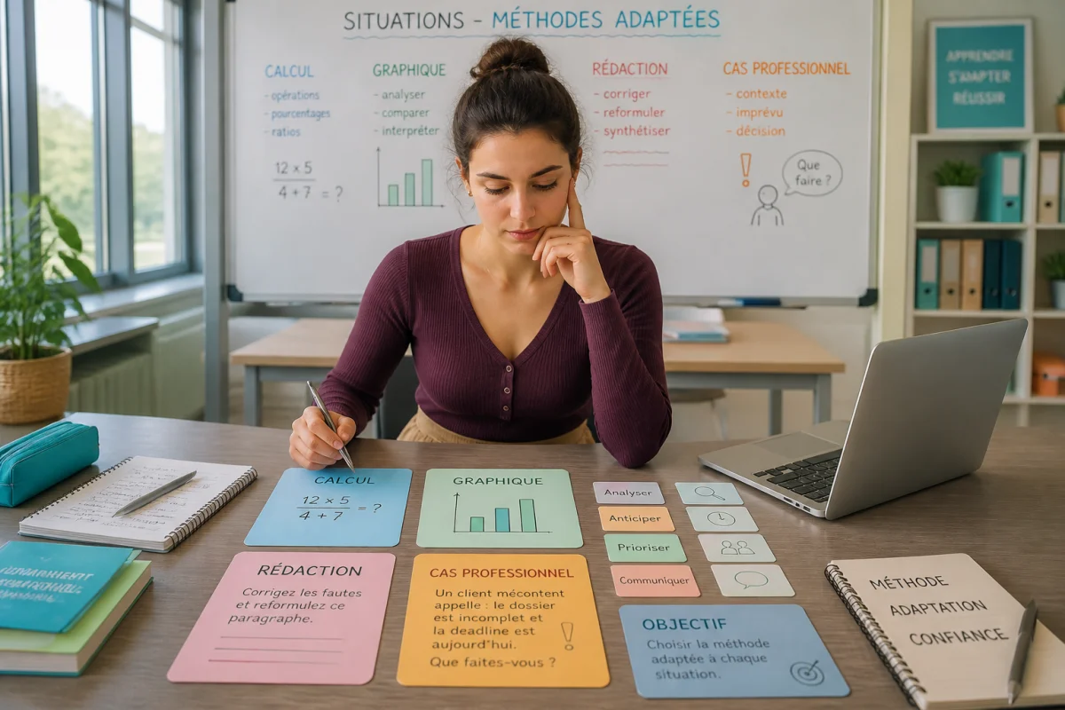 Étudiant choisissant des méthodes d’apprentissage efficaces parmi des exercices variés dans une salle de formation lumineuse