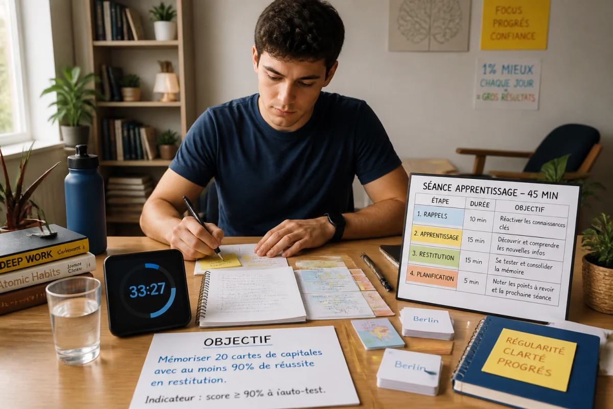 Étudiant concentré utilisant des méthodes d’apprentissage efficaces avec minuteur, cartes de mémorisation et objectif mesurable.