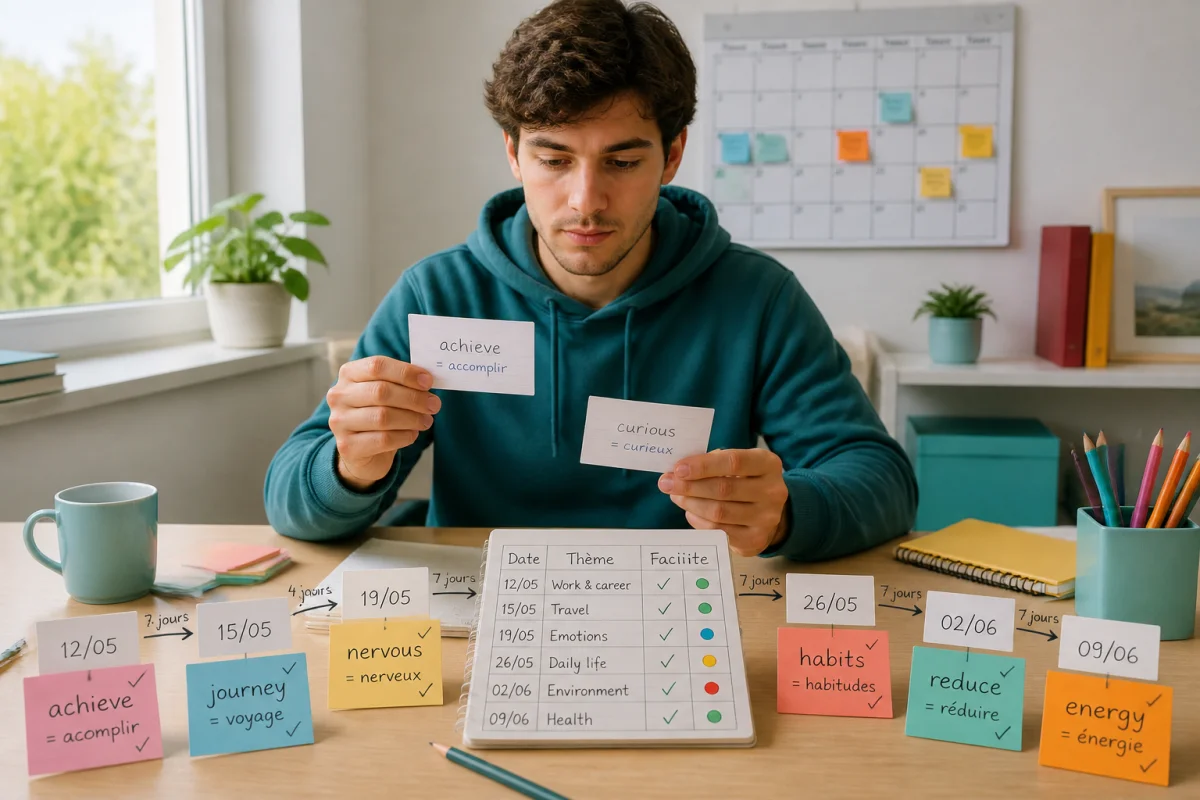 Jeune adulte révisant du vocabulaire anglais avec cartes mémoire et calendrier de révisions espacées, illustrant des méthodes d’apprentissage efficaces