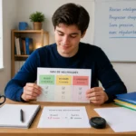 Étudiant évaluant ses progrès avec fiches et chronomètre, illustrant des méthodes d’apprentissage efficaces dans un espace organisé