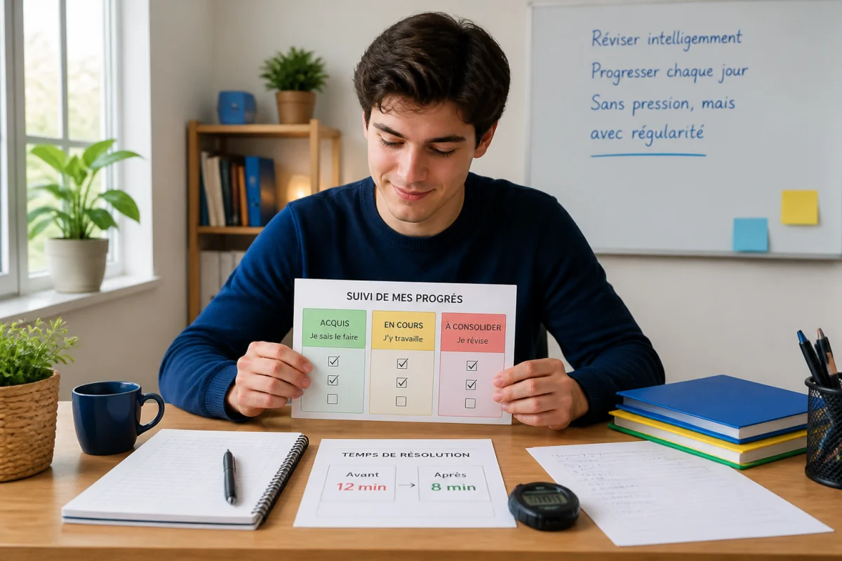 Étudiant évaluant ses progrès avec fiches et chronomètre, illustrant des méthodes d’apprentissage efficaces dans un espace organisé