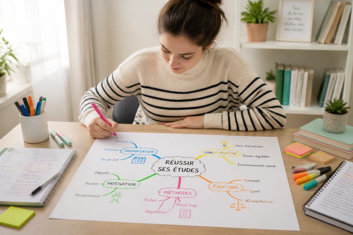 Étudiante créant une carte mentale colorée pour appliquer des méthodes de prise de notes efficaces au bureau