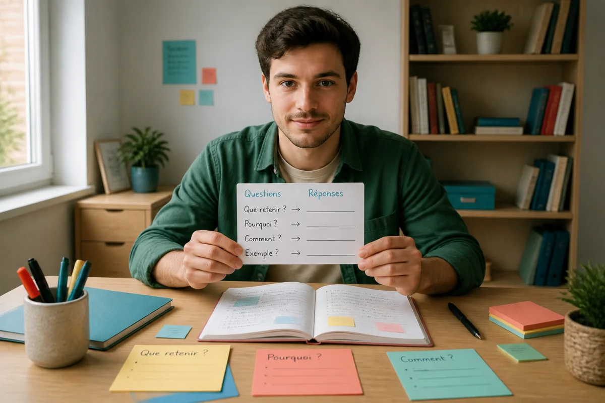 Étudiant utilisant une méthode de prise de notes par questions-réponses pour retenir l’essentiel dans un espace d’étude lumineux