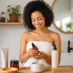 Personne souriante choisissant des produits de soin adaptés à sa peau et ses cheveux dans une salle de bain lumineuse