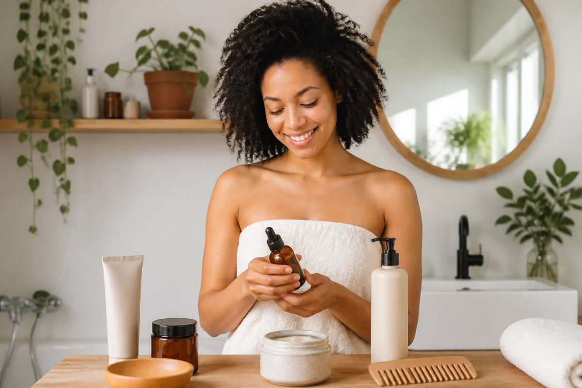 Personne souriante choisissant des produits de soin adaptés à sa peau et ses cheveux dans une salle de bain lumineuse