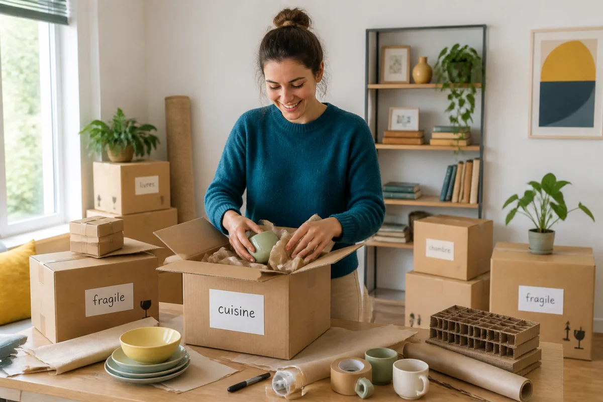 Personne souriante préparant un déménagement sereinement, emballant des objets dans un carton étiqueté avec soin