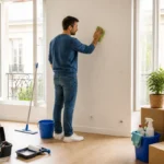 Personne nettoyant et remettant en état un appartement avant un déménagement serein, entourée d’outils et cartons ordonnés