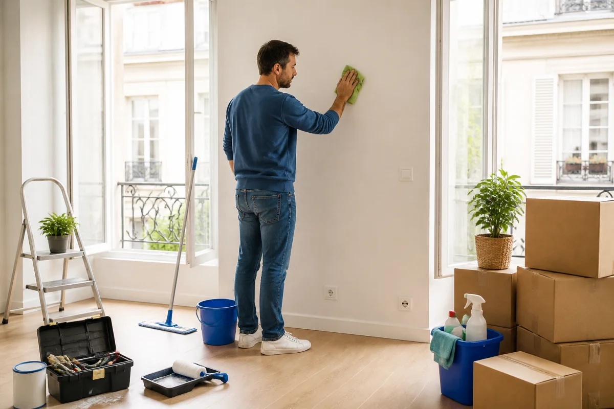 Personne nettoyant et remettant en état un appartement avant un déménagement serein, entourée d’outils et cartons ordonnés