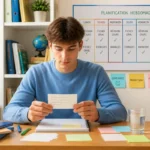 Étudiant serein préparant un oral d’examen avec fiches de révision et calendrier organisé sur sept jours
