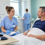 Étudiante aide-soignante en alternance observant un patient et prenant des notes dans une chambre de soins moderne