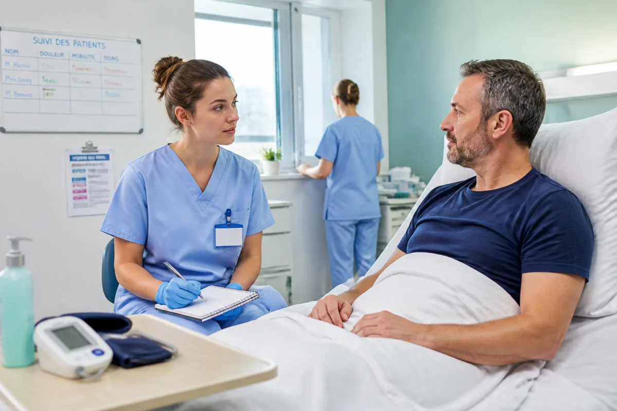 Étudiante aide-soignante en alternance observant un patient et prenant des notes dans une chambre de soins moderne