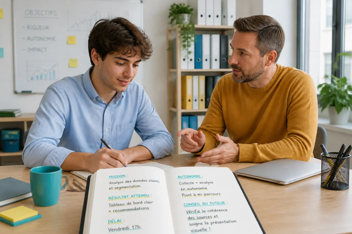 Alternant prenant des notes face à son tuteur lors d’un échange professionnel dans un espace de travail lumineux