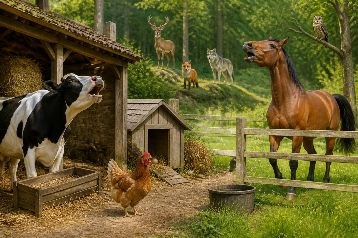 Animaux domestiques et sauvages réunis pour comprendre le vocabulaire des animaux dans une scène pédagogique rurale